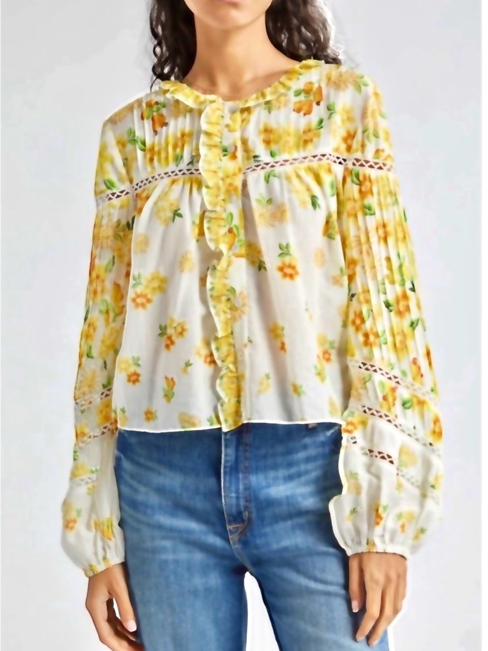 FARM Rio Off White Azalea Blouse w/ Yellow Floral Ruffle Front Large
